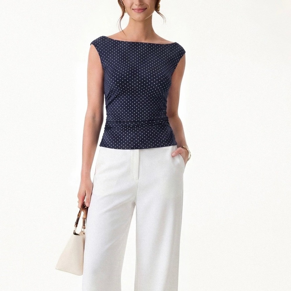 OGL Navy White Polka Dot Ruched Sleeveless Top with Built-in Bra Small